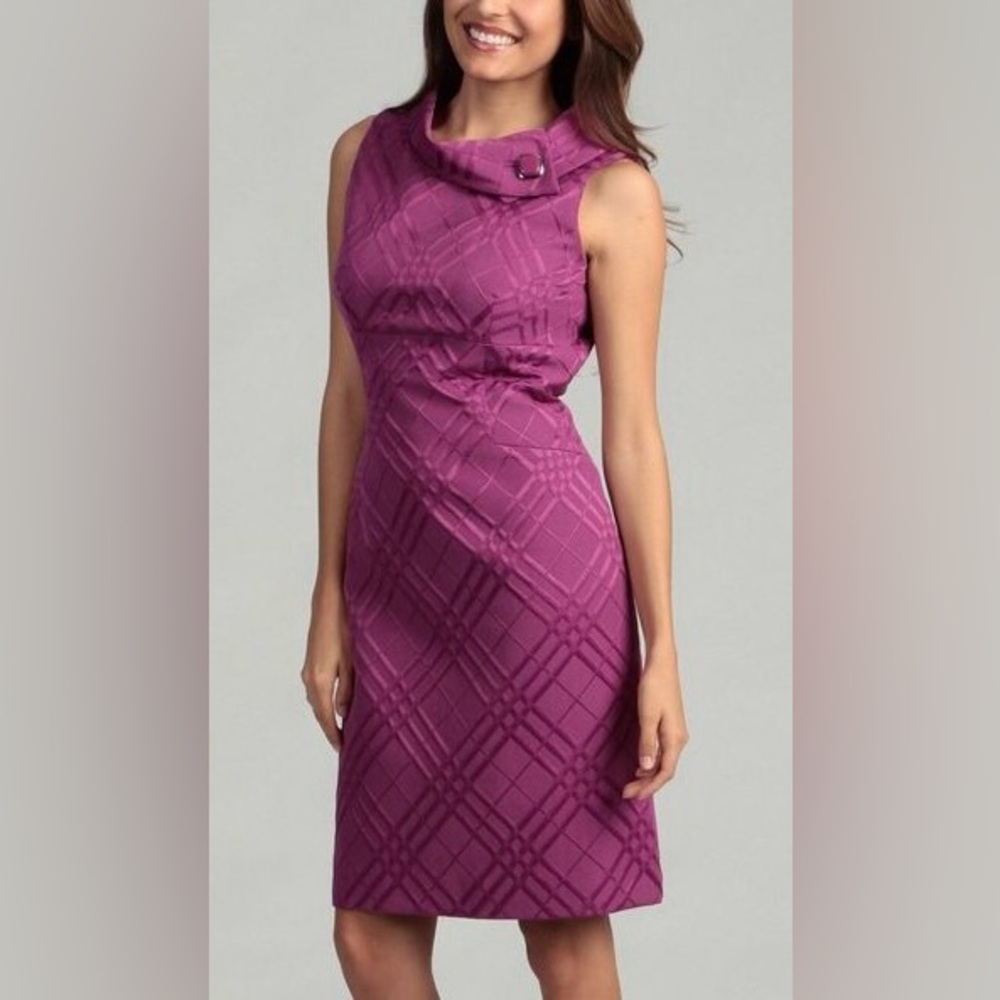 💜 Tahari Plum Jacquard Sheath Dress - Picture 1 of 6